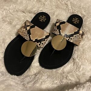 Snakeskin Pattern Sandals with Gold Accents